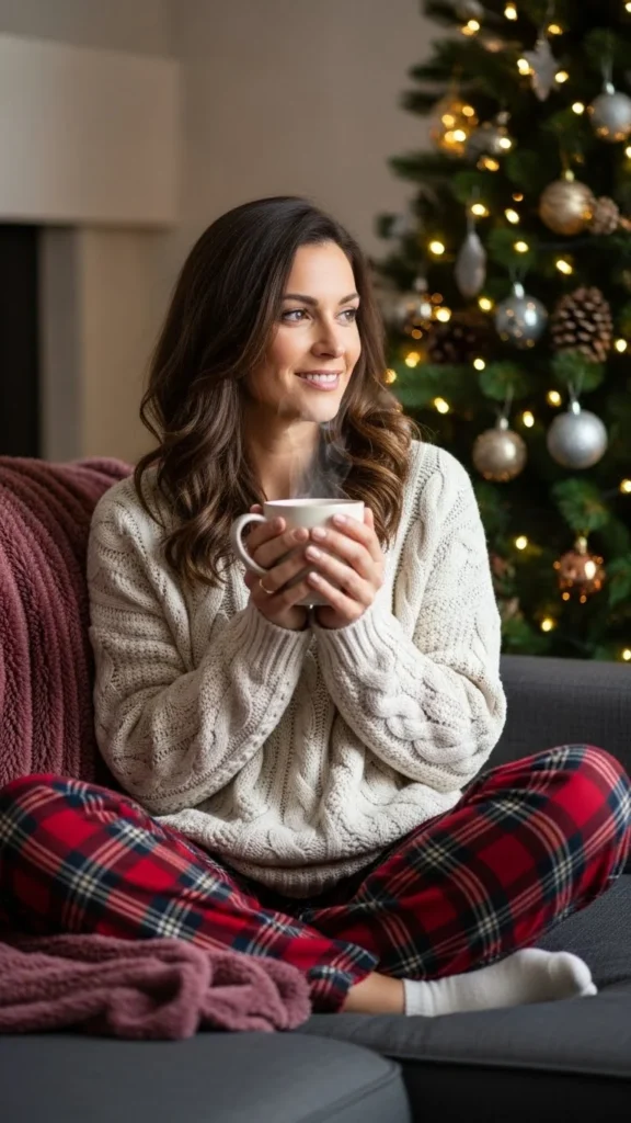 1. Chunky Knit Sweater with Plaid Pajamas