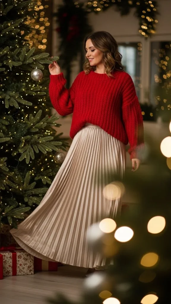 1. Classic Red Sweater and Pleated Skirt