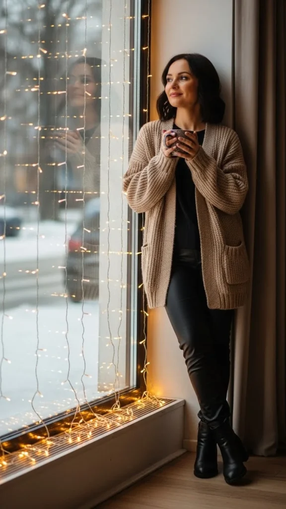 11. Chunky Cardigan with Leather Pants