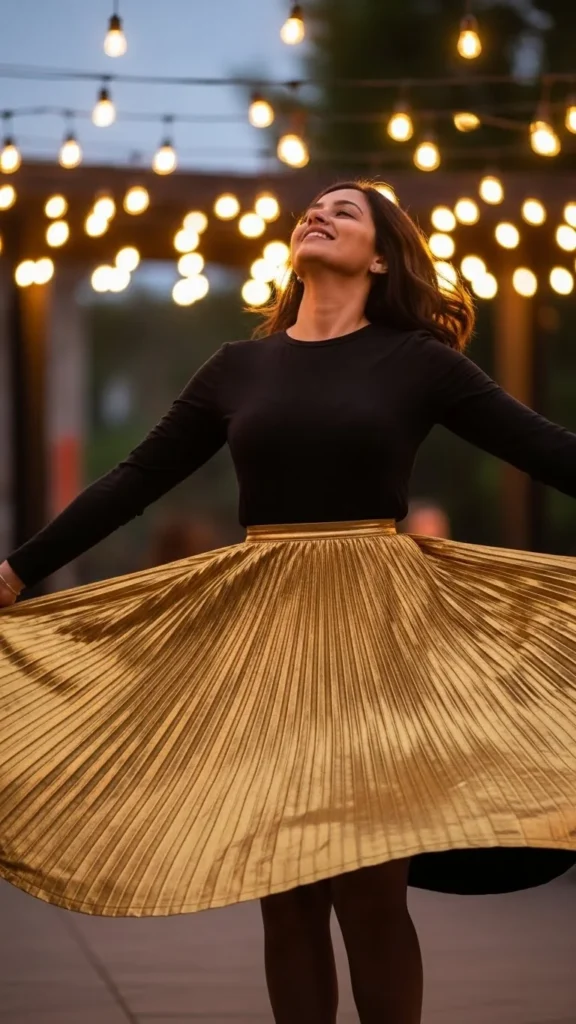 12. Metallic Pleated Skirt and Black Blouse