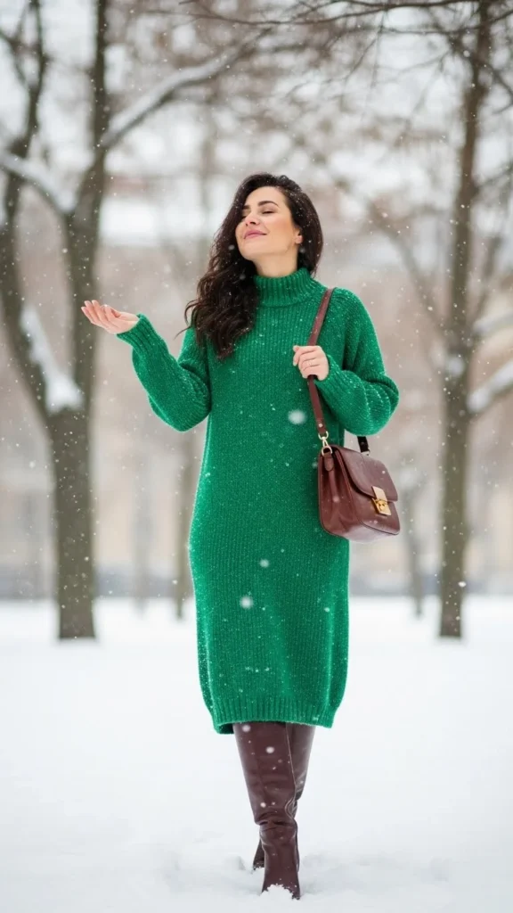 15. Green Knit Dress with Brown Boots