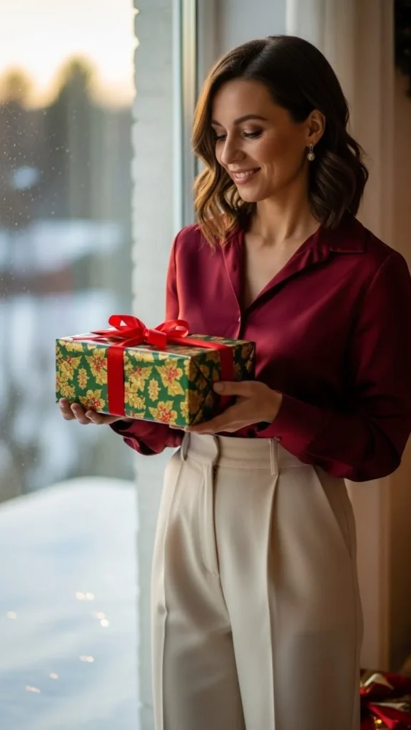 16. High-Waisted Trousers and Silk Blouse