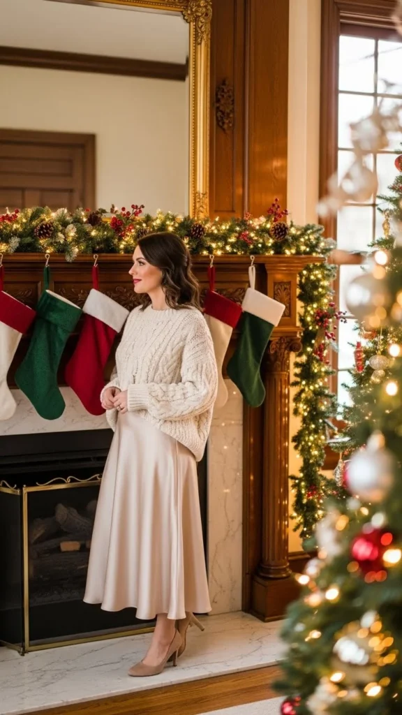 2. Chunky Knit Sweater with Satin Midi Skirt