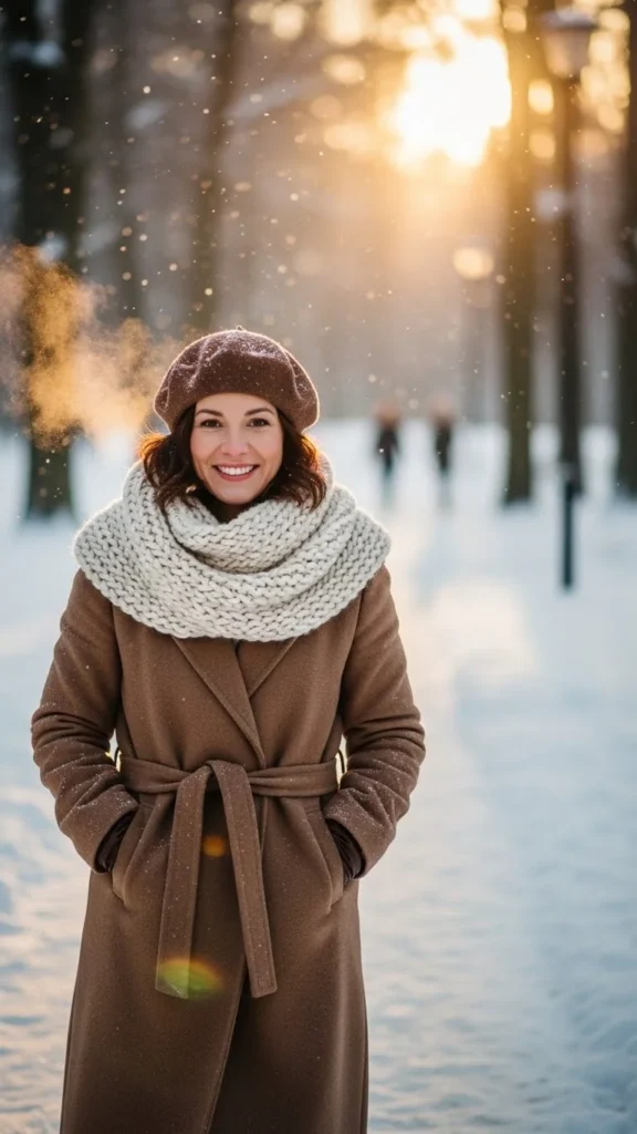 20. Long Coat with Knit Scarf