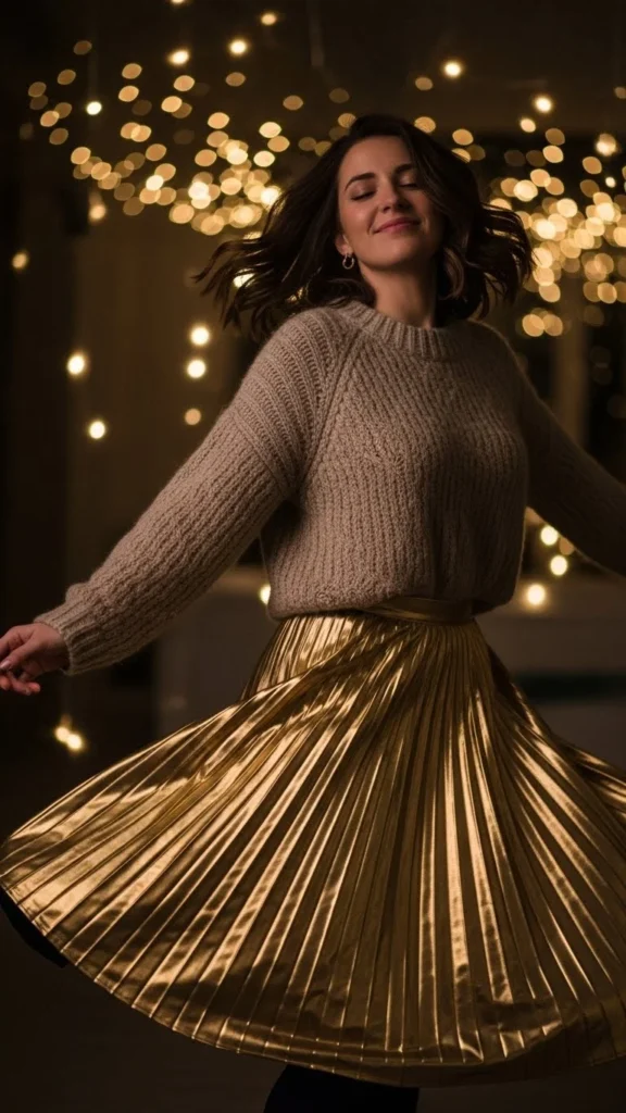 21. Metallic Pleated Skirt and Sweater