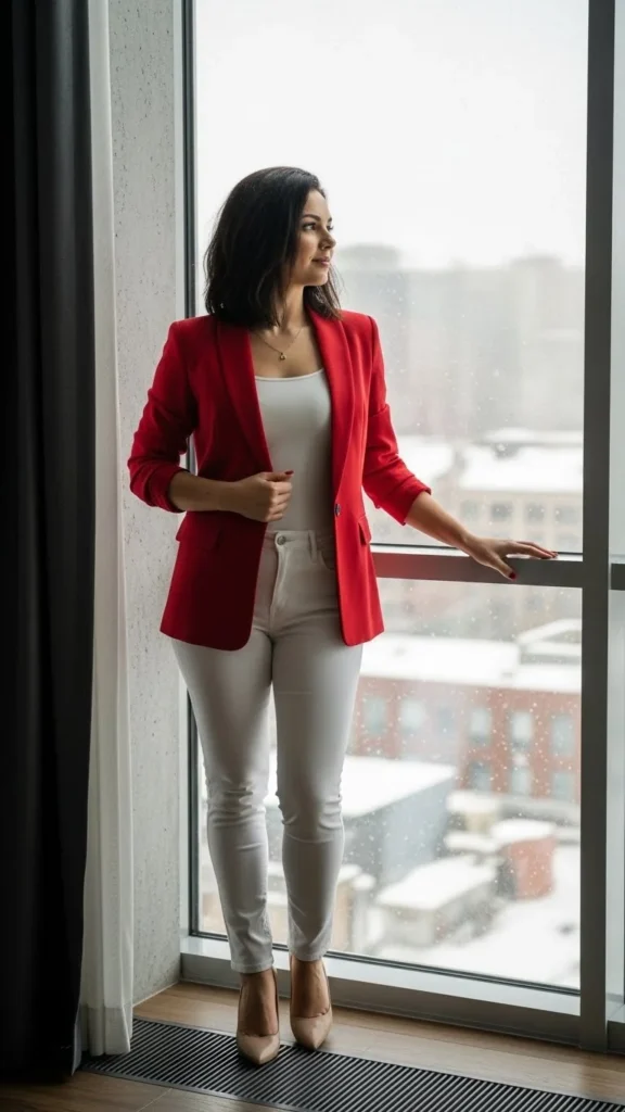 22. Red Blazer and White Jeans