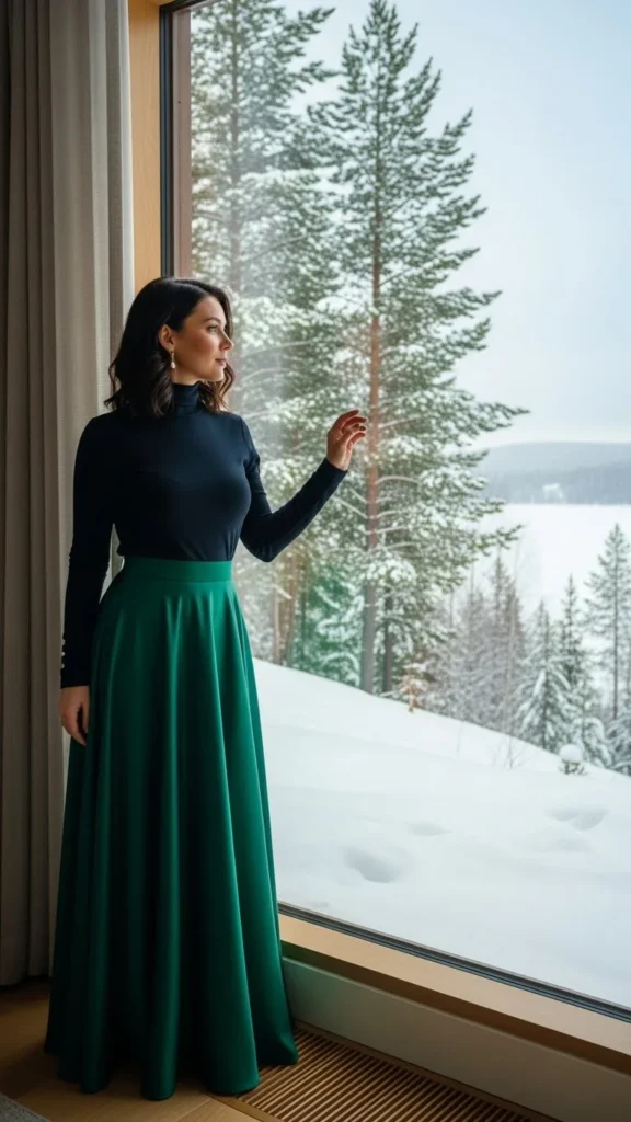 4. Emerald Green Satin Skirt with Turtleneck