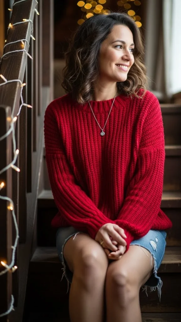 4. Red Knit Sweater with Denim Skirt