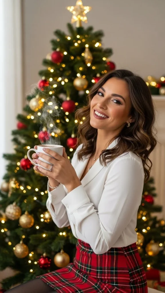 8. Plaid Skirt with White Blouse