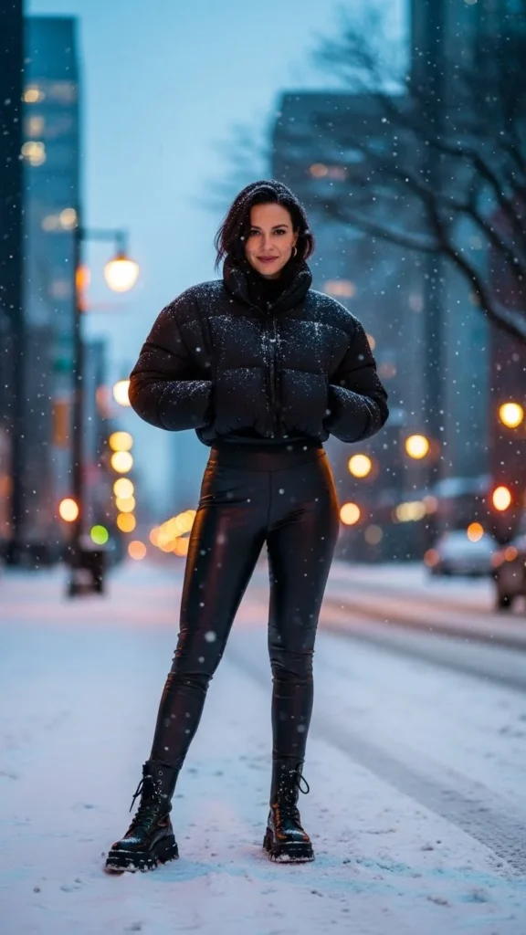 8. Puffer Jacket with Leather Leggings