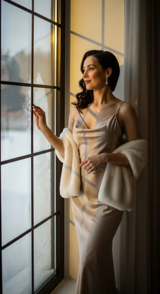 Satin Slip Dress and Faux Fur Shawl