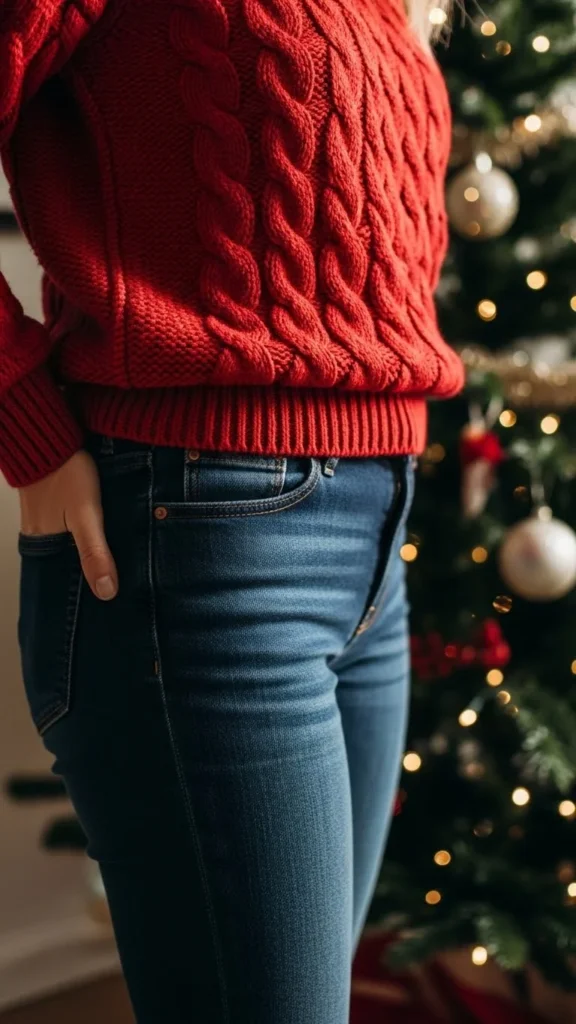 1. Classic Red Sweater With Dark Denim