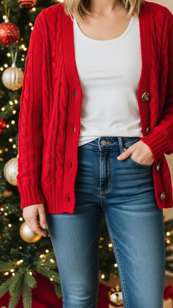 1. Cozy Red Cardigan + White Tank + Slim Jeans