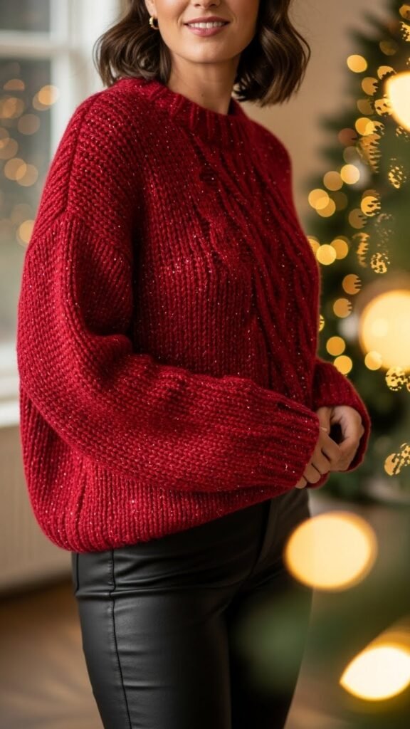 1. Cozy Red Knit Sweater With Black Pants