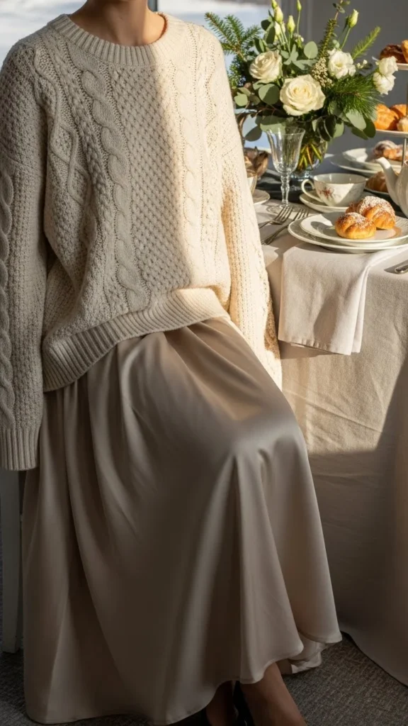 1. Cream Knit Sweater With Satin Midi Skirt