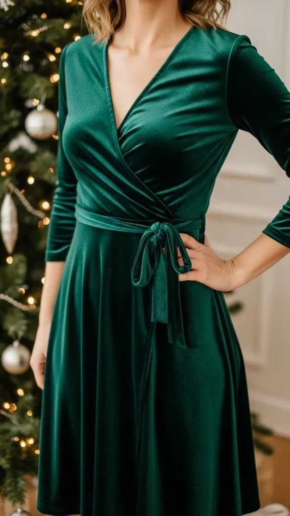 1. Emerald Velvet Wrap Dress