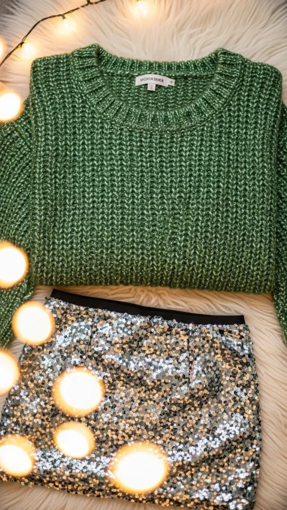 1. Glittery Green Sweater With Sequin Skirt