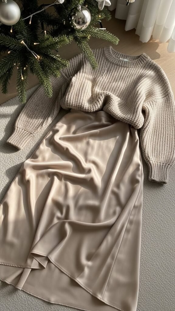 1. Satin Midi Skirt With a Chunky Knit