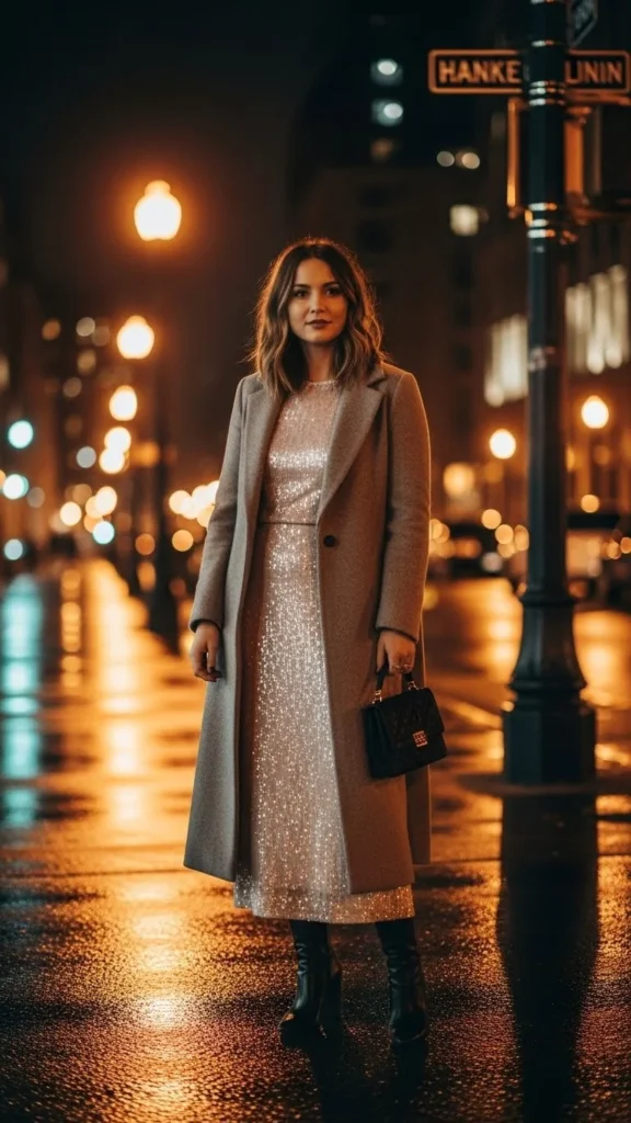 1. Sequin Midi Dress with a Cozy Coat