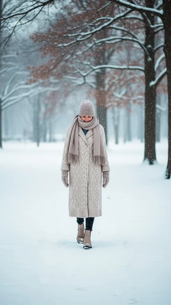 1. Snowy Cable-Knit Coat Moment