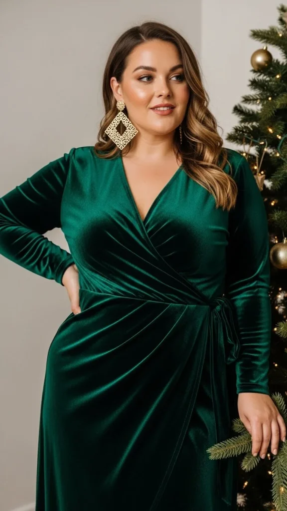 1. Velvet Wrap Dress with Statement Earrings