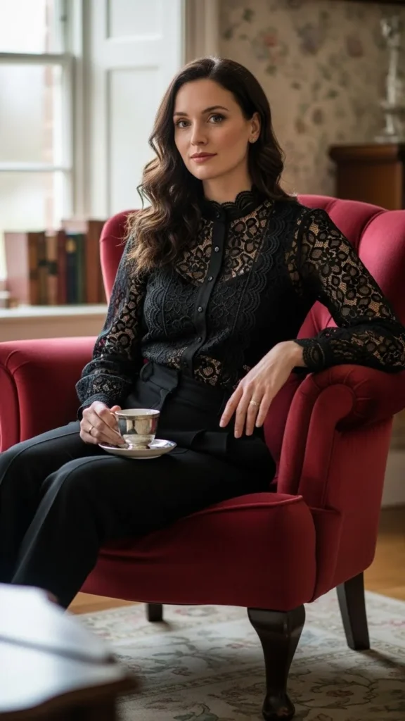 10. Black Lace Top with High-Waisted Pants