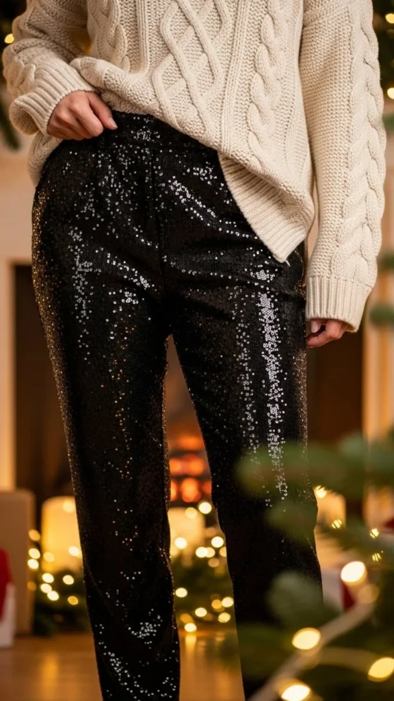 10. Black Sequin Pants With Cozy Knit