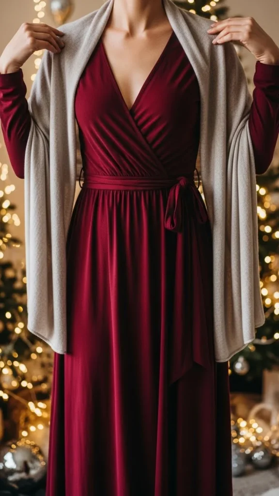 10. Burgundy Wrap Dress + Soft Shawl
