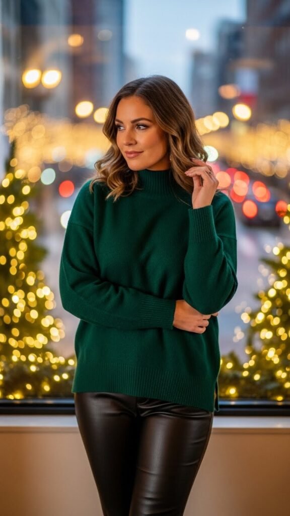10. Forest-Green Sweater With Faux Leather Pants