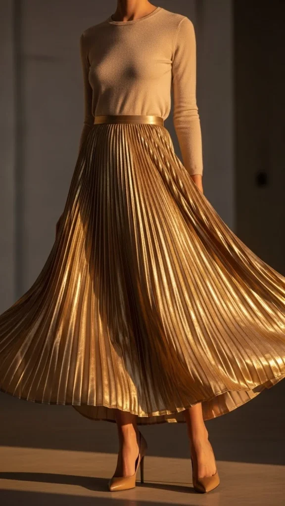 10. Gold Pleated Skirt With Fitted Top