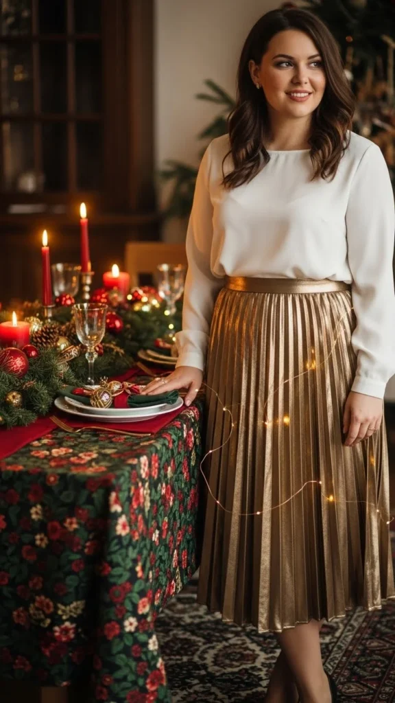 10. Metallic Pleated Skirt with Simple Blouse