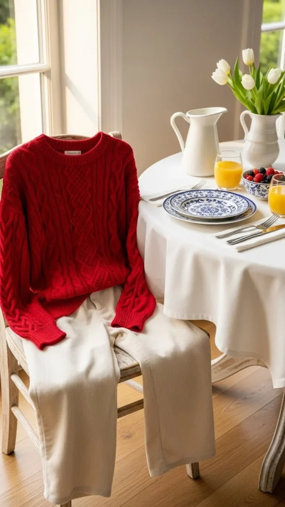 10. Red Sweater With Cream Corduroy Pants