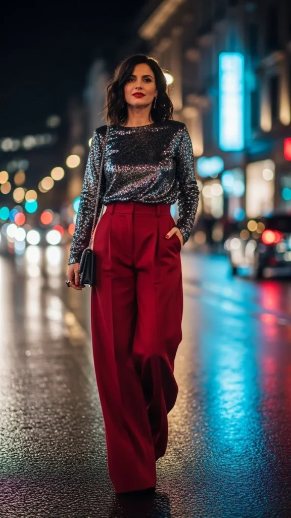10. Wide-Leg Pants with a Sparkly Top