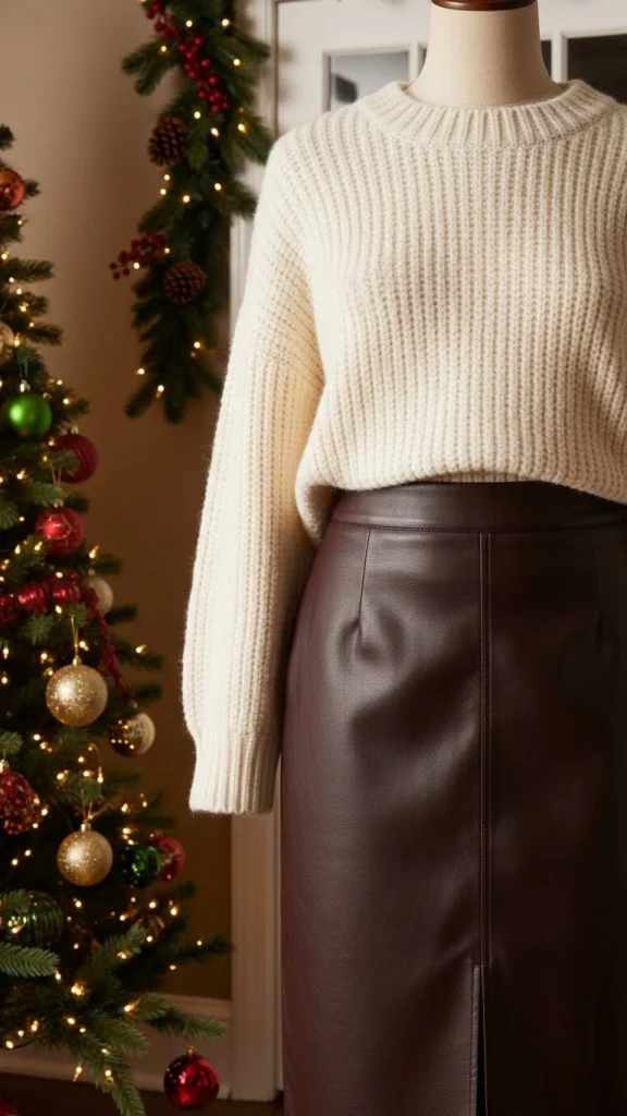 10.Leather-Look Skirt With Soft Knit Top