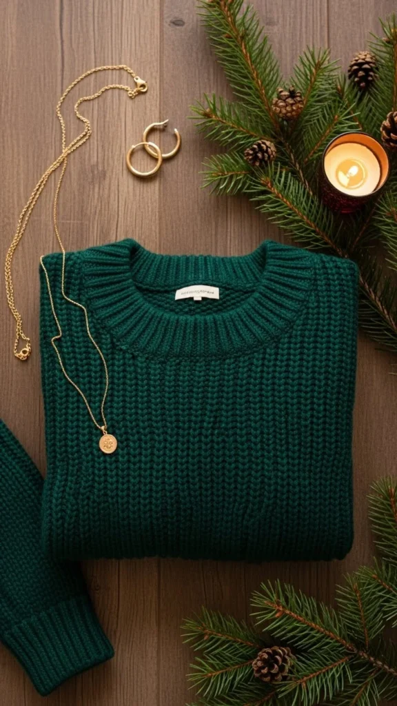 11. Deep Green Sweater With Gold Accessories