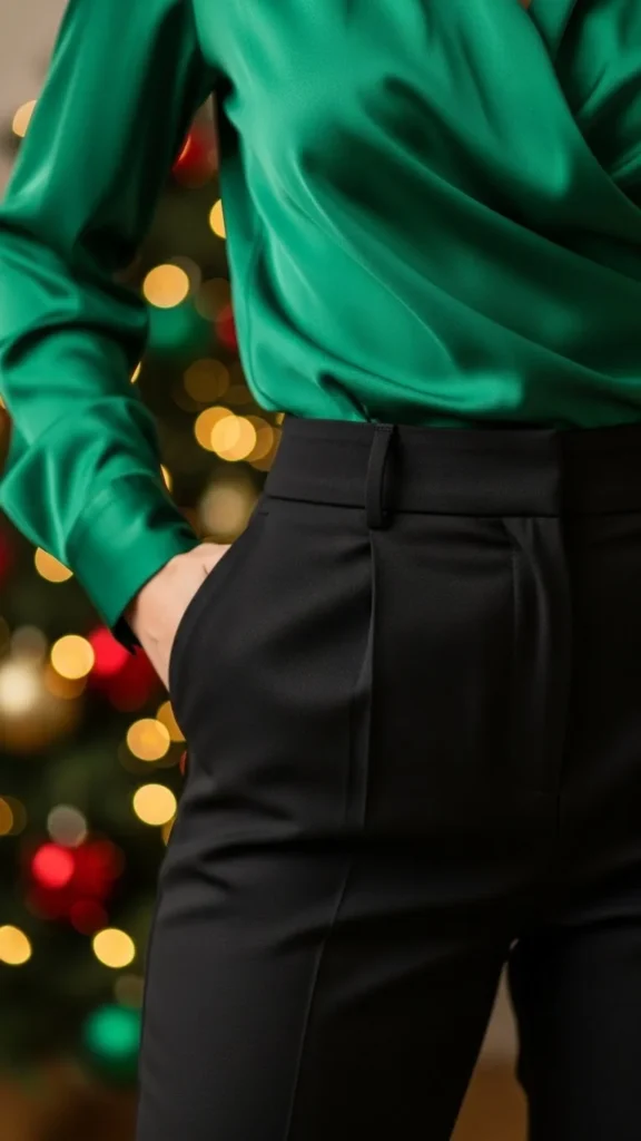 11. Green Satin Top + Black Trousers