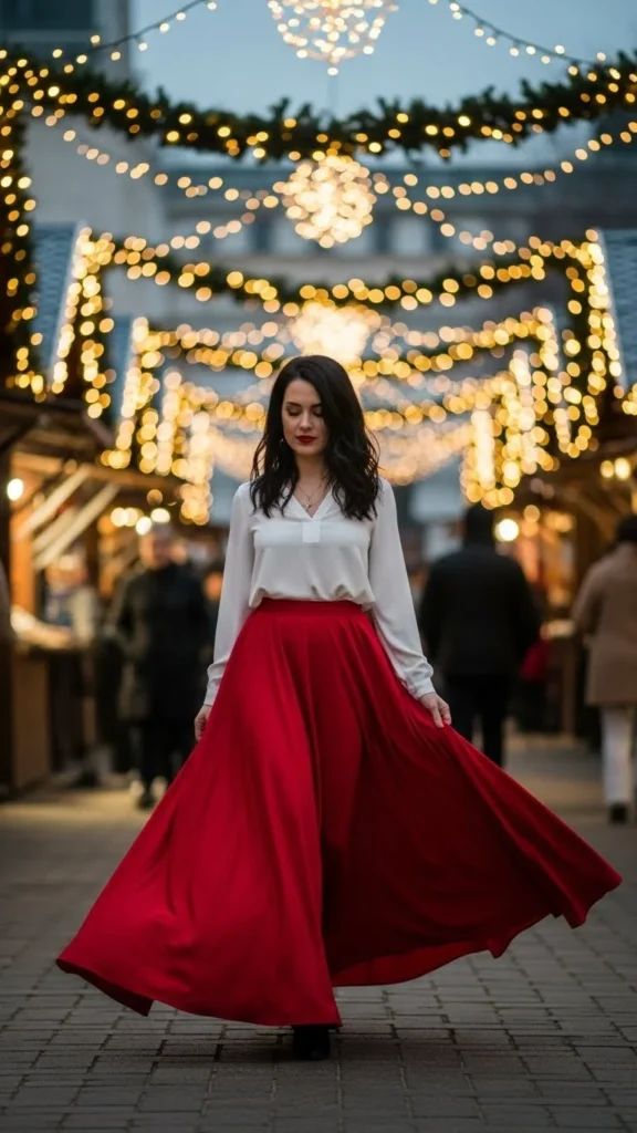 11. Red Maxi Skirt and White Blouse