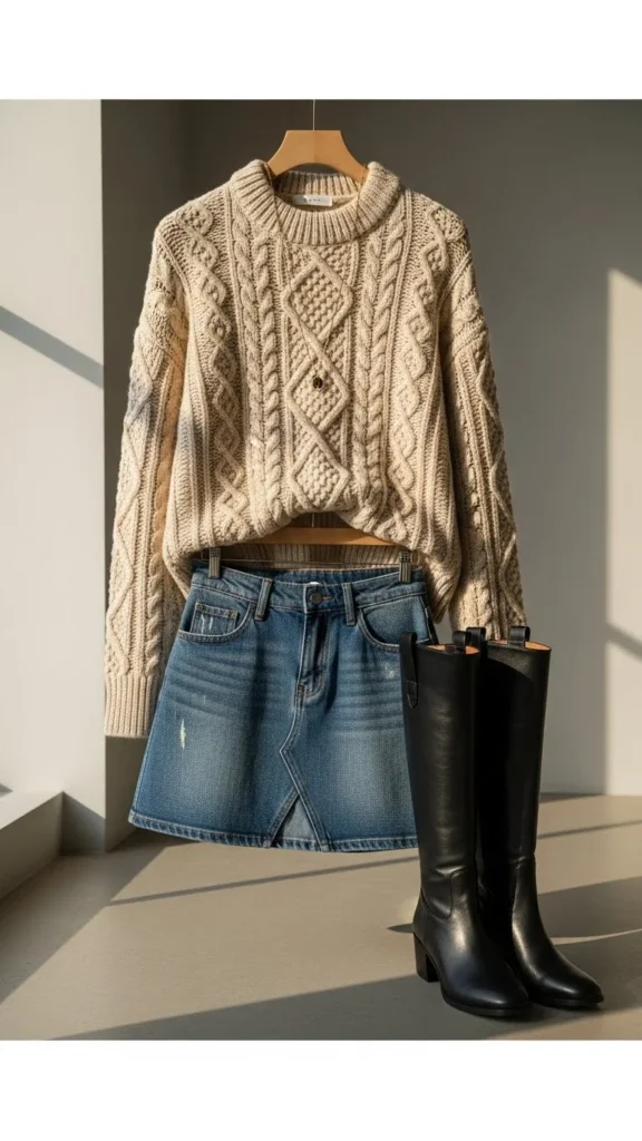 12. Cable Knit with Denim Skirt