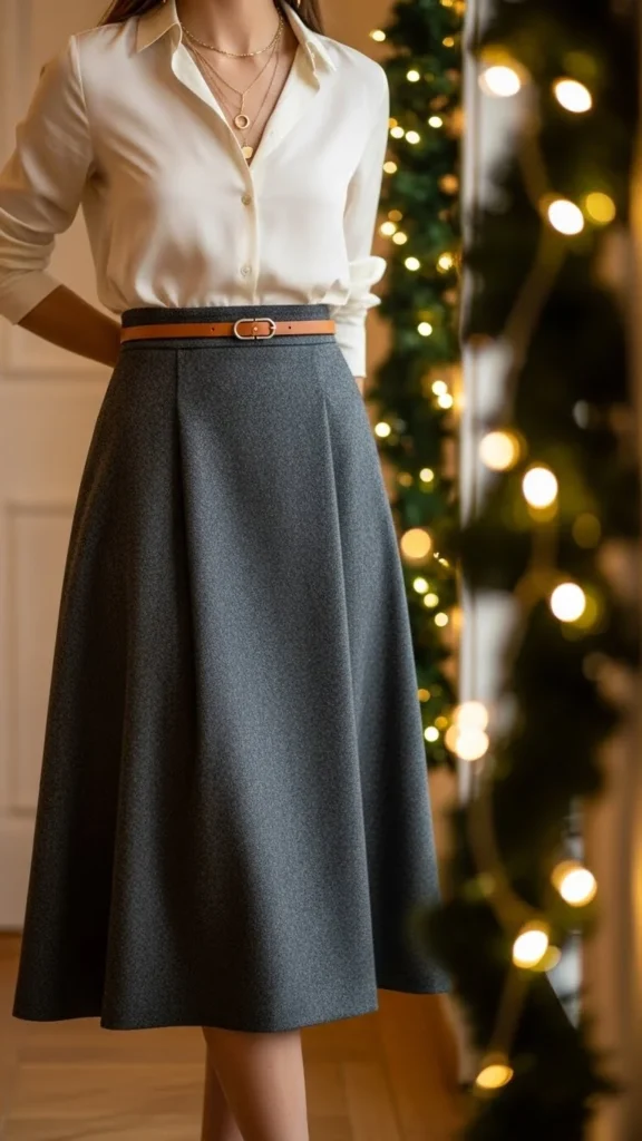 12. Long Wool Skirt With a Button-Up Shirt