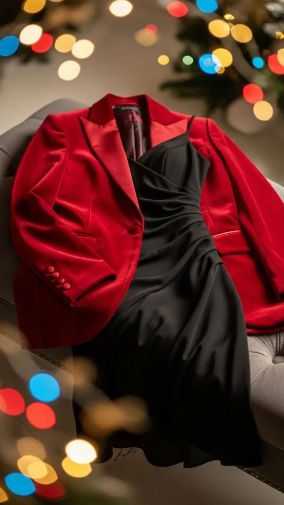 12. Red Velvet Blazer With Plain Black Dress