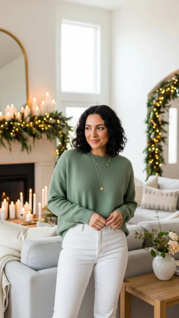 12. Sage Green Sweater and White Jeans