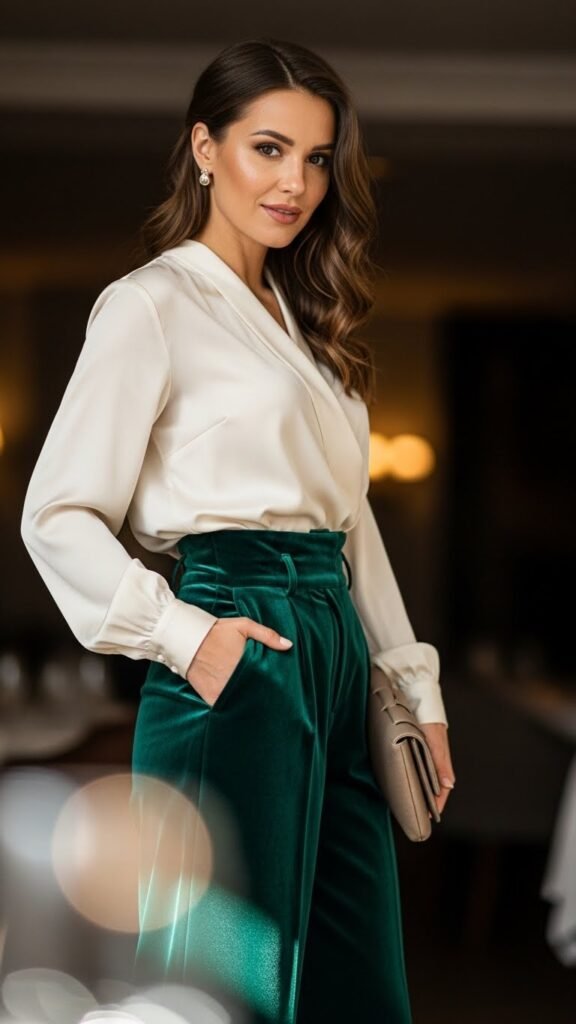 12. Velvet Pants With a Cream Blouse