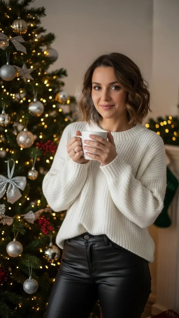 12. White Sweater and Leather Pants