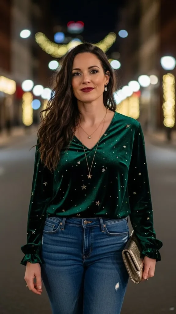 13. Dark Denim with a Festive Top