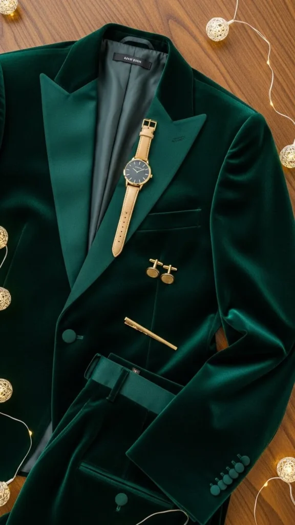 13. Green Velvet Suit With Gold Accents
