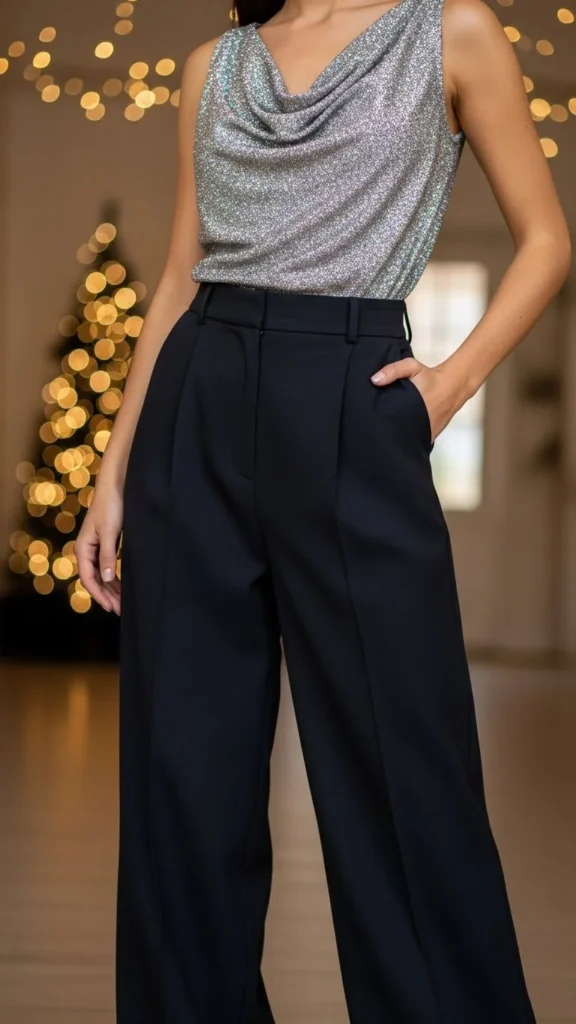 13. Sparkly Top with Wide-Leg Trousers