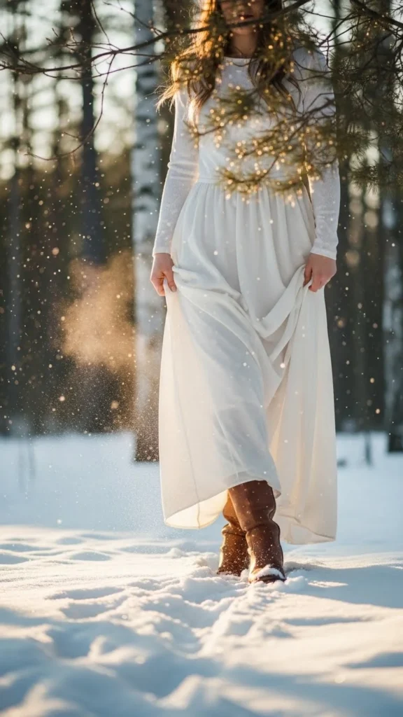 13. White Maxi Dress with Boots