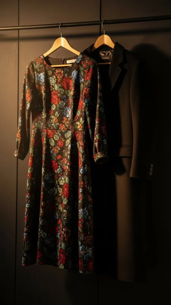 14. Dark Floral Dress With Black Coat