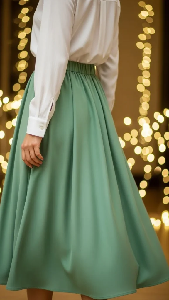 14. White Blouse + Green Midi Skirt