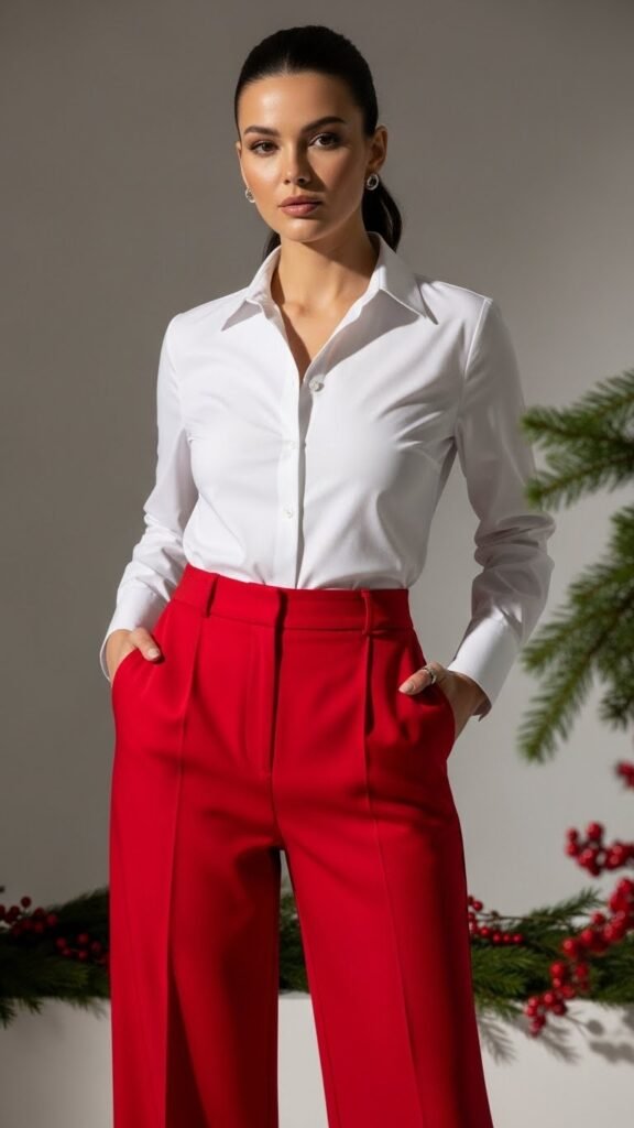14. White Button-Up With Red Wide-Leg Trousers